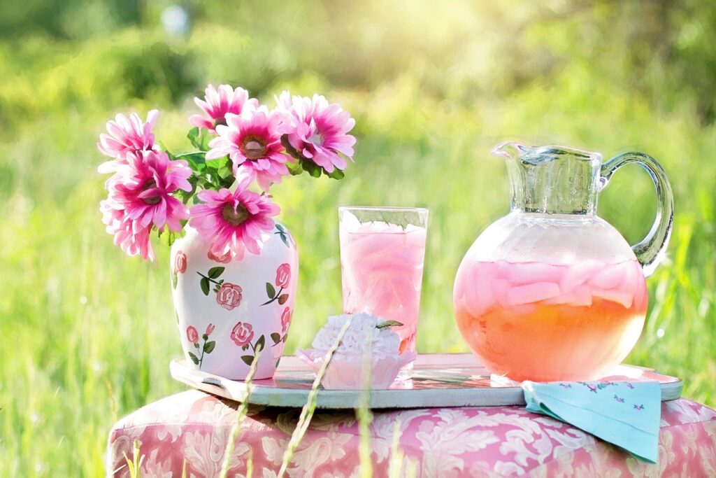 pink lemonade, nature, summer, outdoors, beverage, refreshment, flower vase, pink flowers, cold, thirsty
